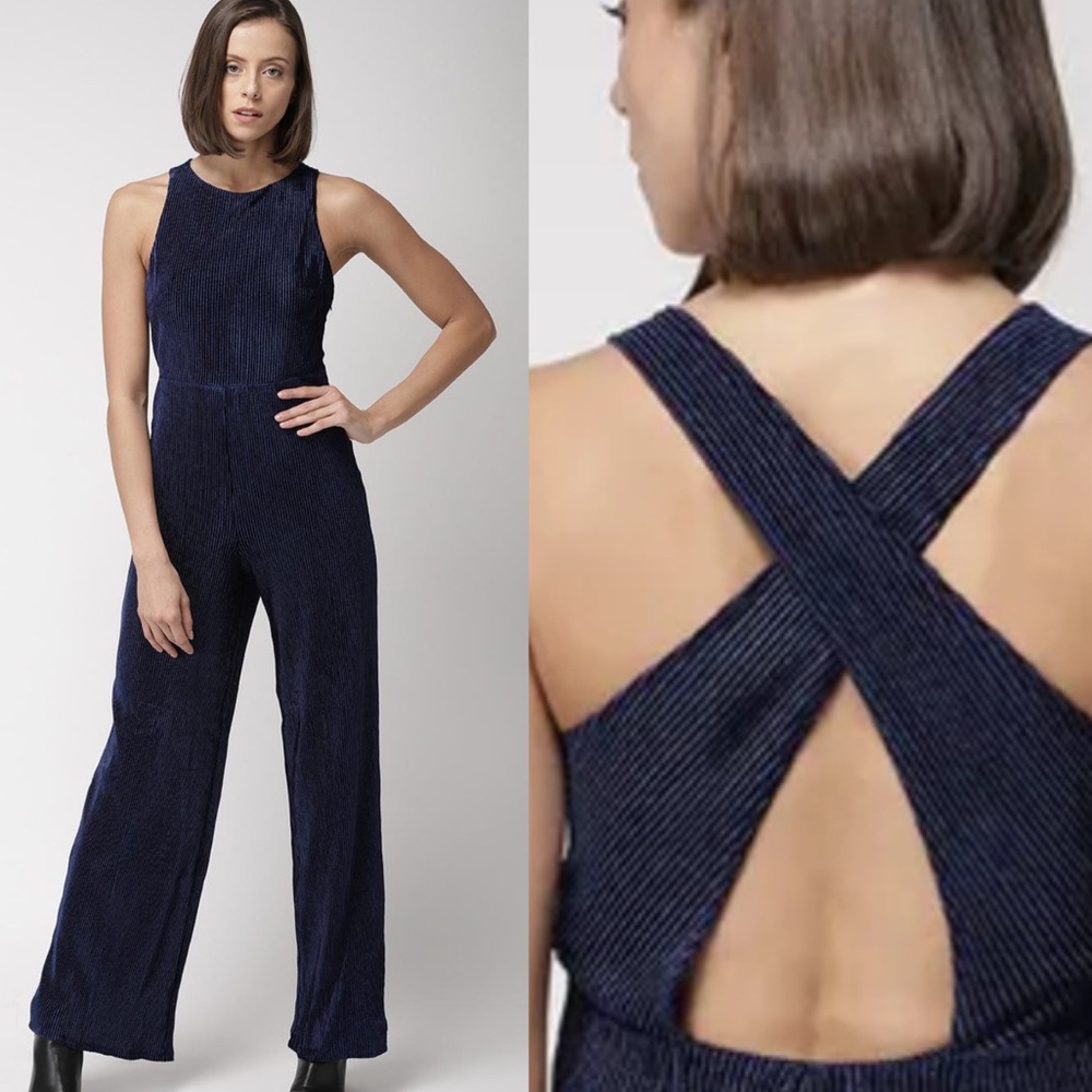 Navy Blue Velvet Jumpsuit - Picture 3 of 17